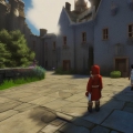 09a UnrealEngine5 screenshot of Youth adventure, blue sky, white clouds, two figures facing backwards, castle_tiny