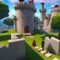 10a UnrealEngine5 screenshot of Youth adventure, blue sky, white clouds, two figures facing backwards, castle tow_tiny