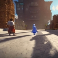 11a UnrealEngine5 screenshot of Youth adventure, blue sky, white clouds, two figures facing back, downtown, castle in the distanc_tiny