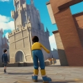 13a UnrealEngine5 screenshot of Youth adventure, blue sky, white clouds, two figures facing backwards, downtown, castle in the distance, imagination, adventure never ends, free mind, infinite world_ti